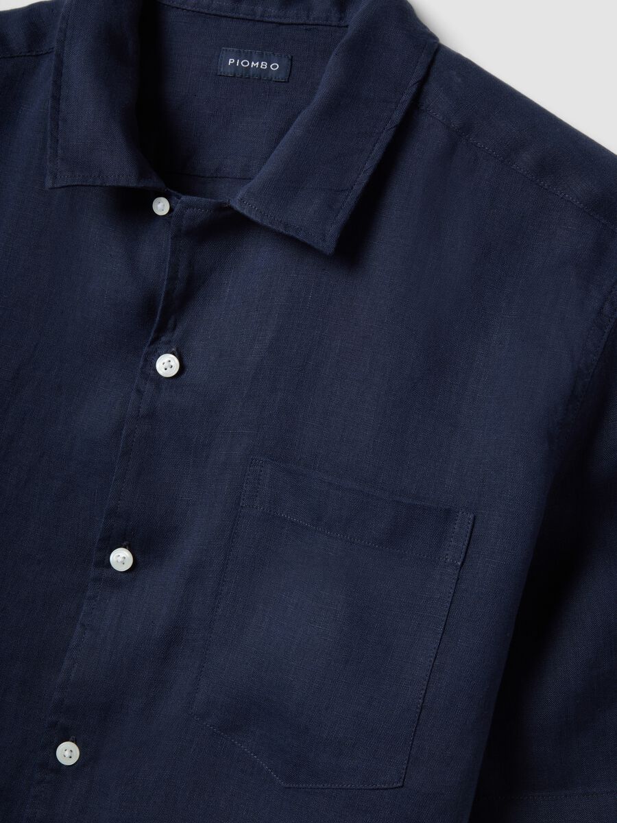 Blue short sleeve pure linen regular fit shirt with chest pocket_1