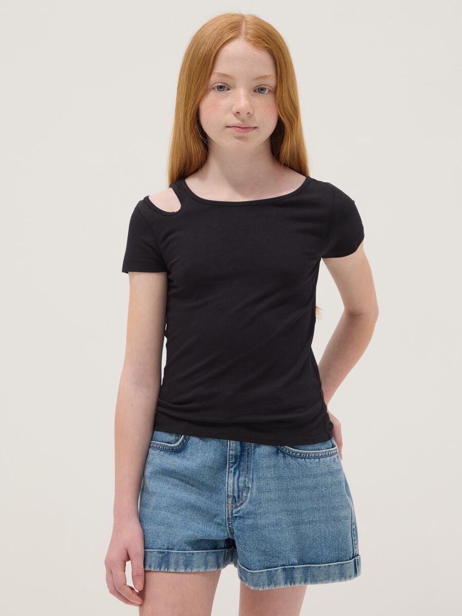 Black organic cotton T-shirt with cut-out shoulder_0