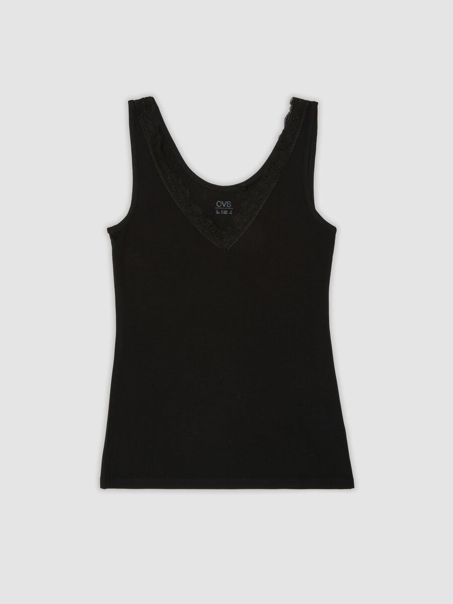 Black stretch viscose vest top with deep V-neck lace trim_4
