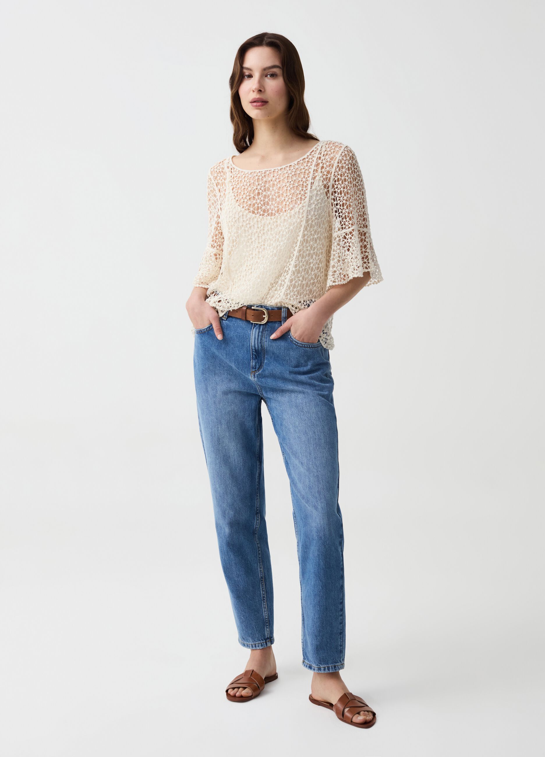 Crochet top with elbow-length sleeves