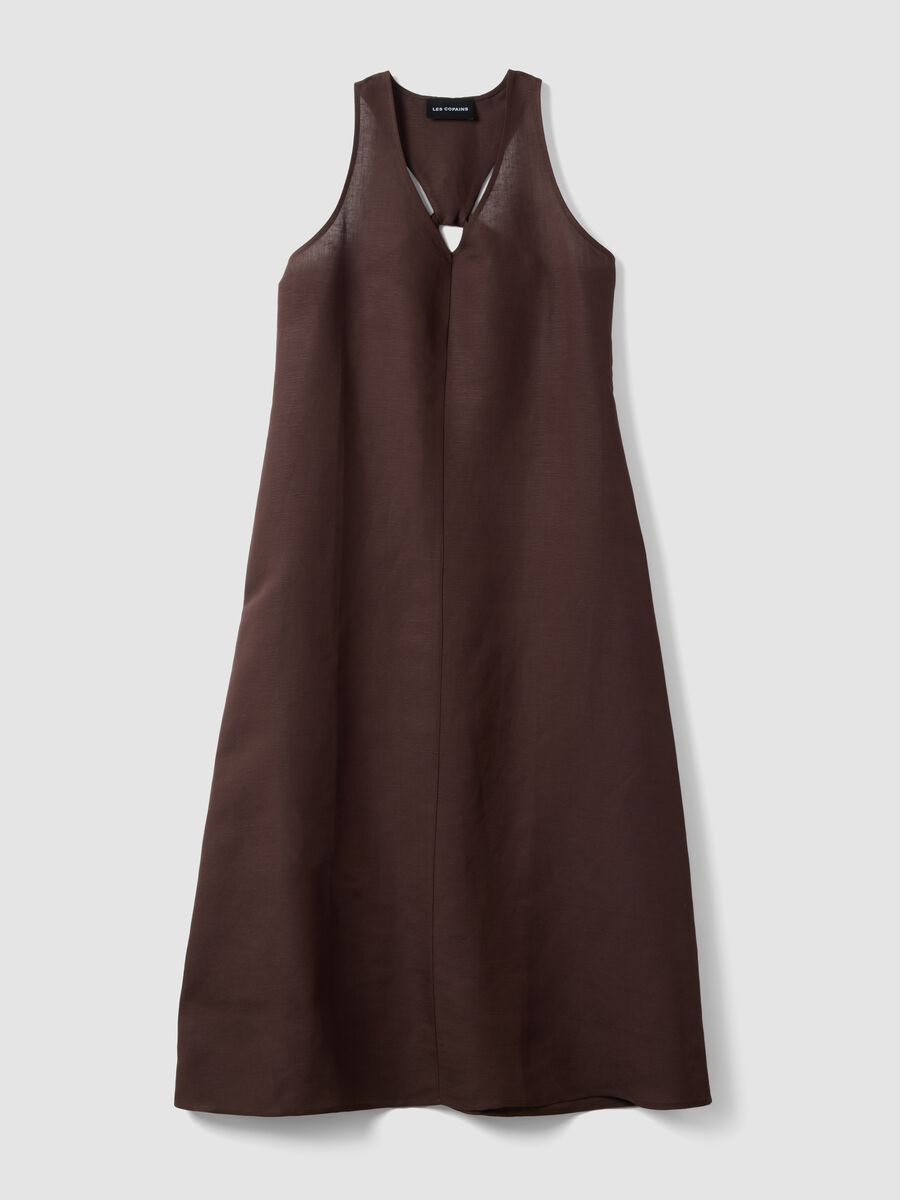 Brown linen-viscose blend V-neck dress, regular fit_0