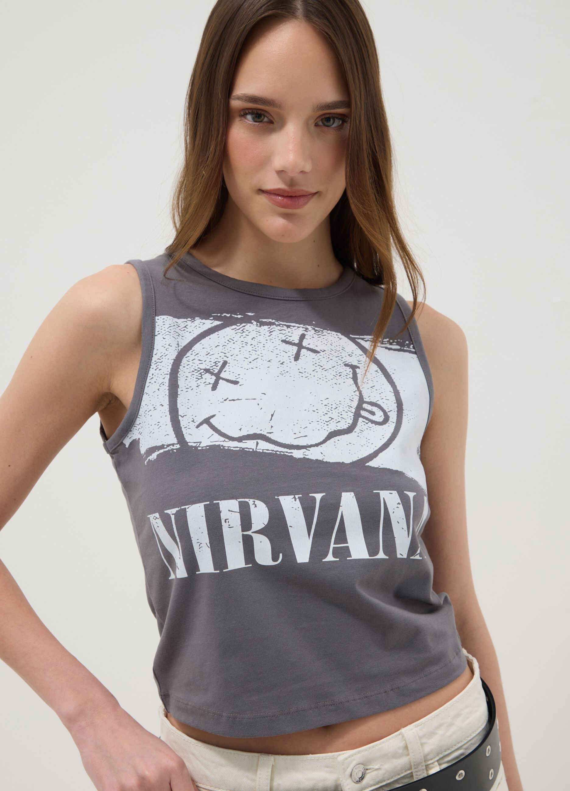 Grey pure cotton Nirvana print tank top, regular fit