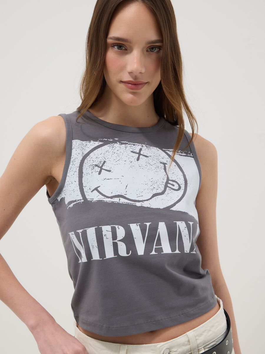 Grey pure cotton Nirvana print tank top, regular fit_0