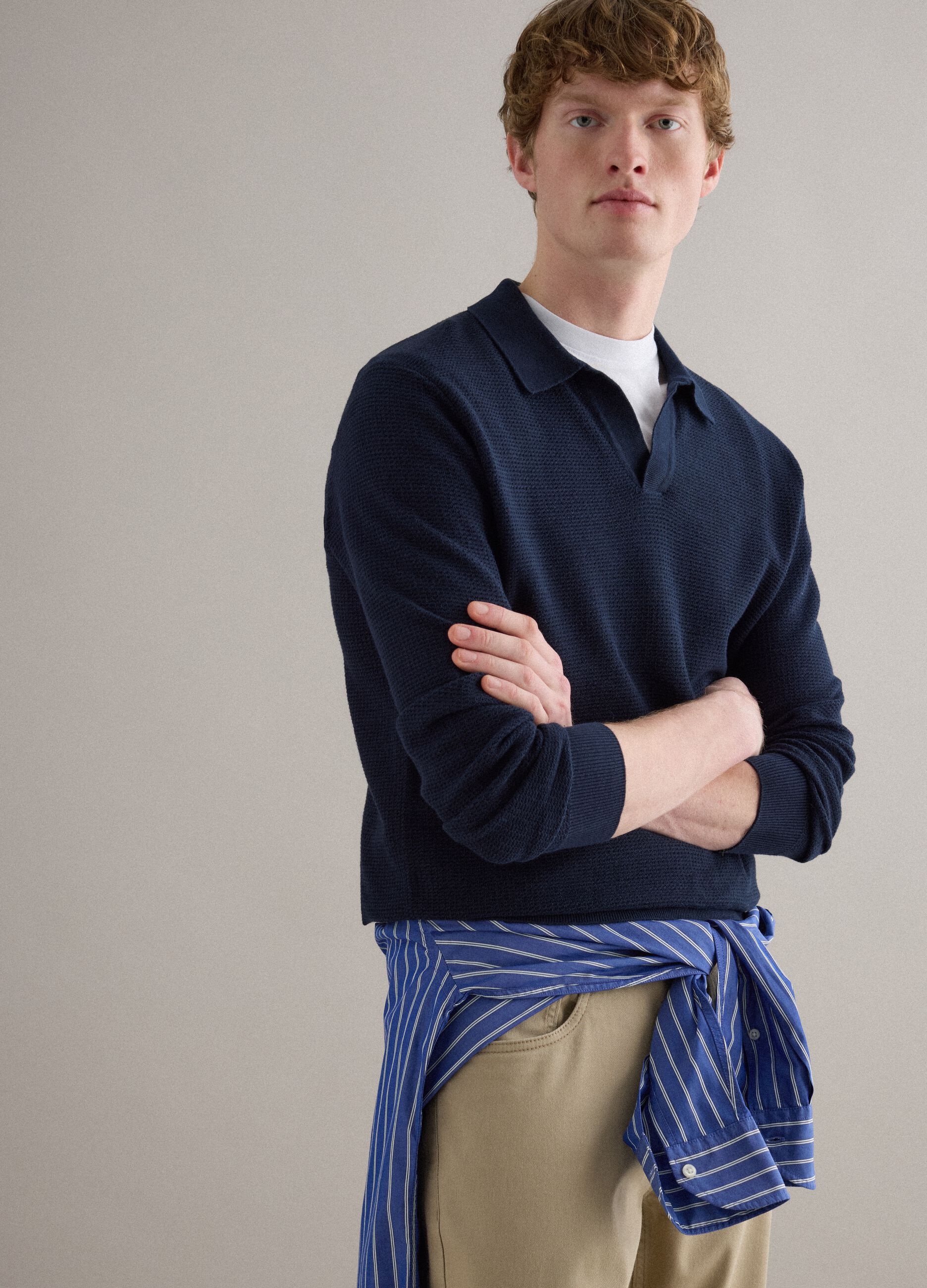 Regular fit blue pure cotton pullover with polo collar