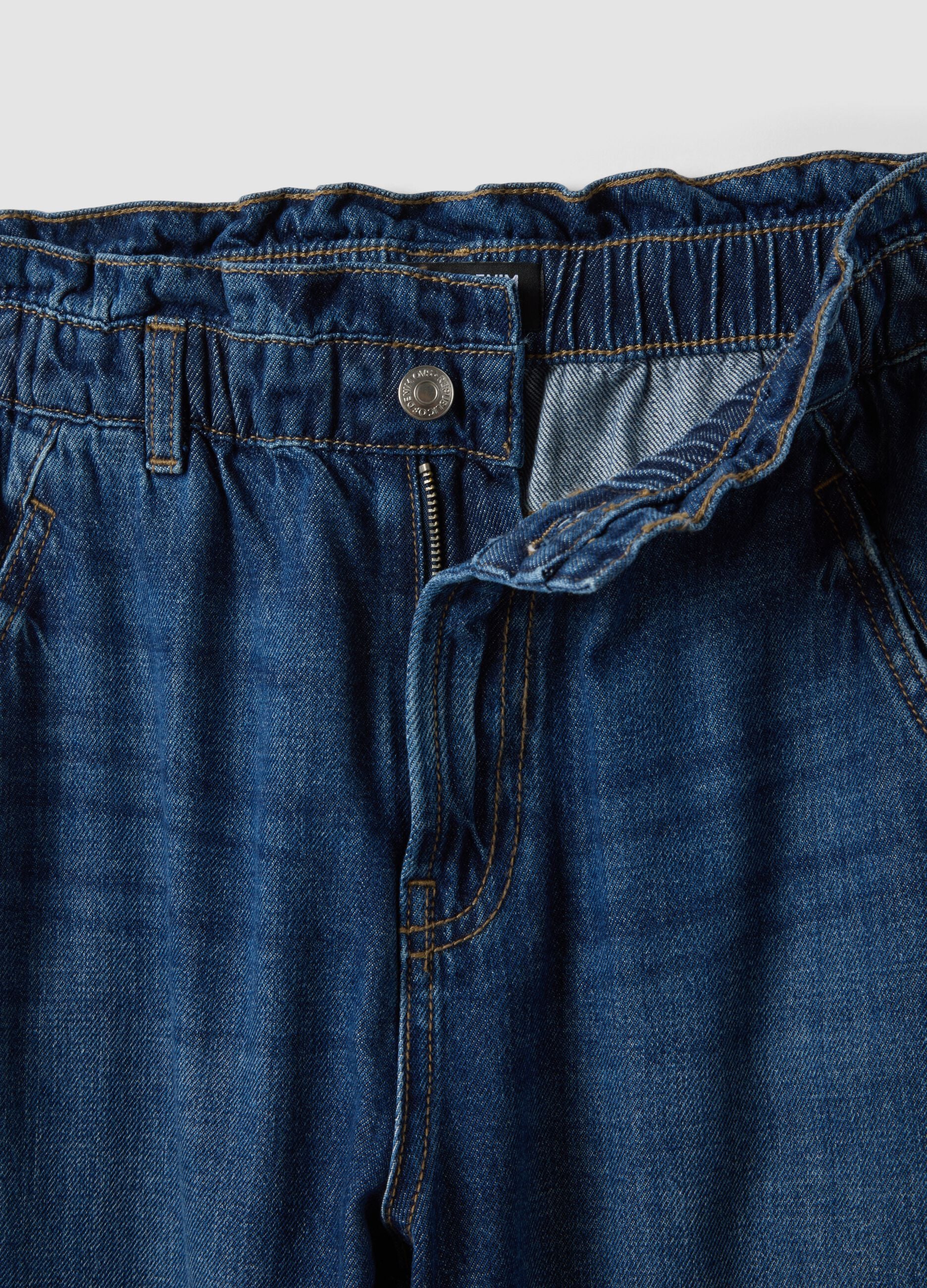 Blue denim baggy-fit jeans in pure cotton with paperbag waist