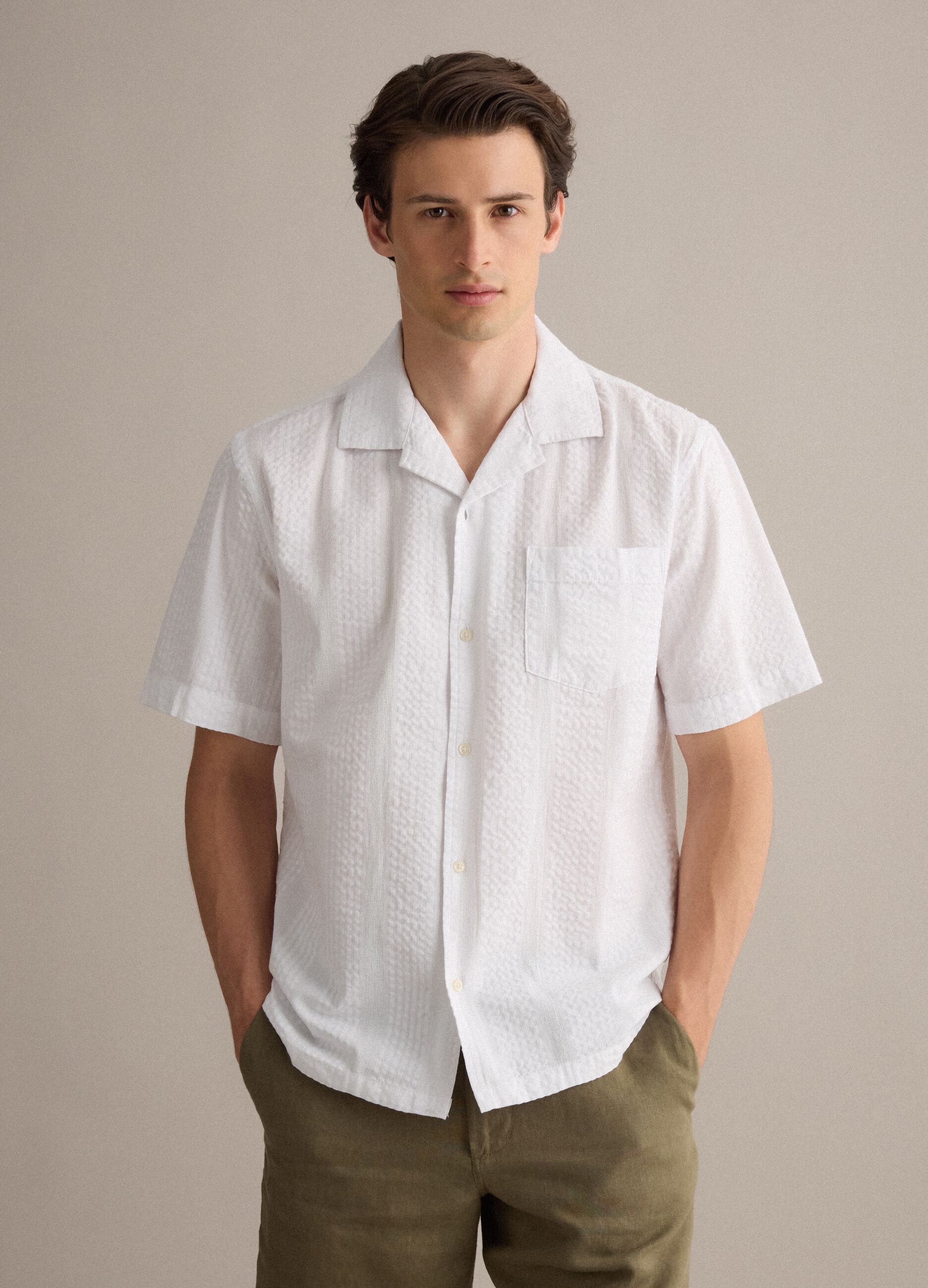 White pure organic cotton shirt with bowling collar, regular fit