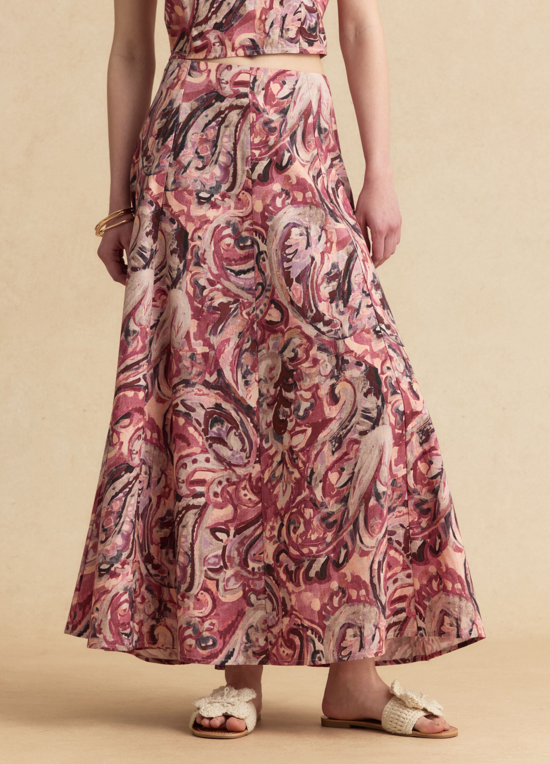 Multicolour cotton and linen-blend midi skirt