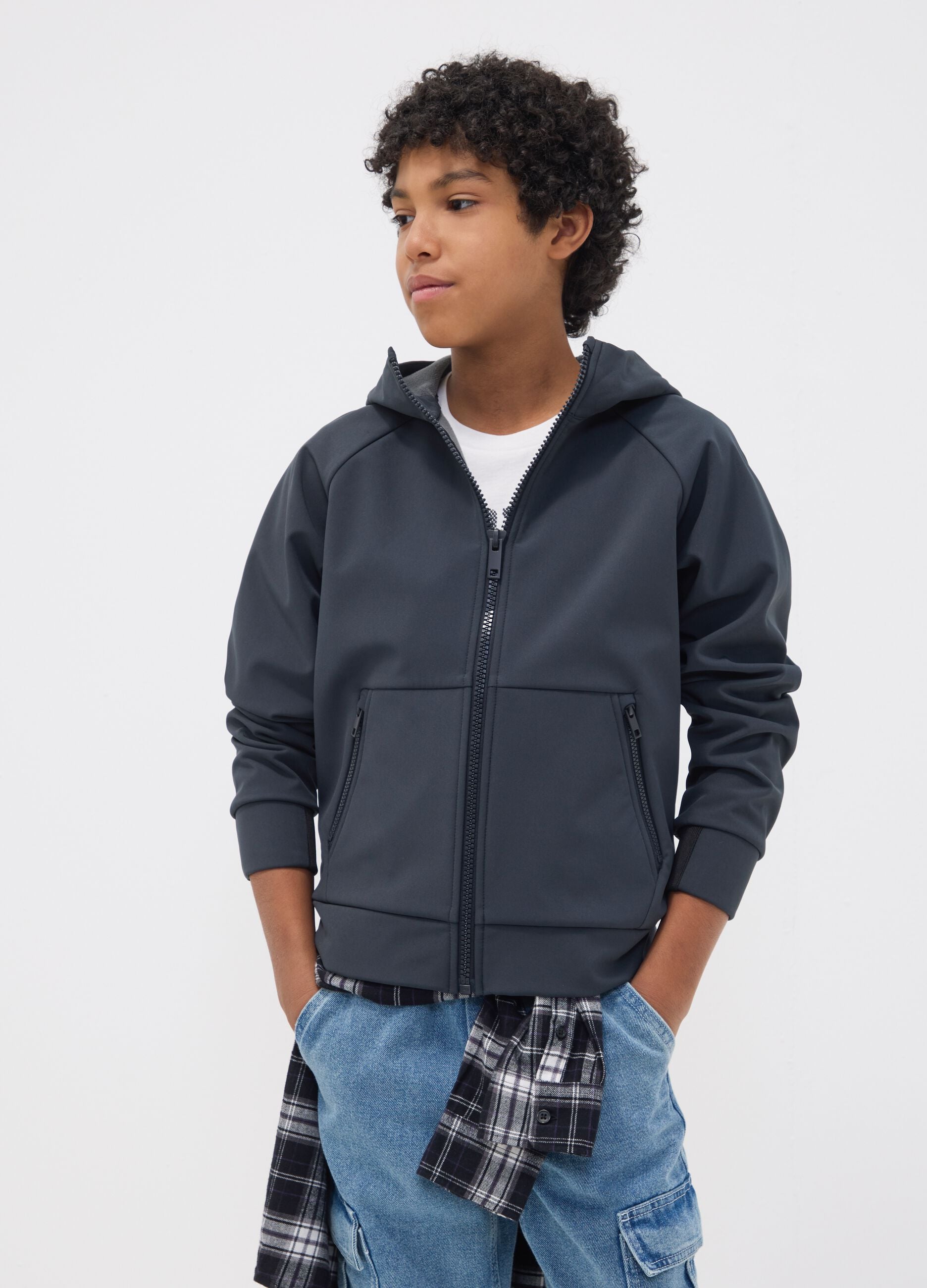 Grey hooded stretch-fabric jacket for boys