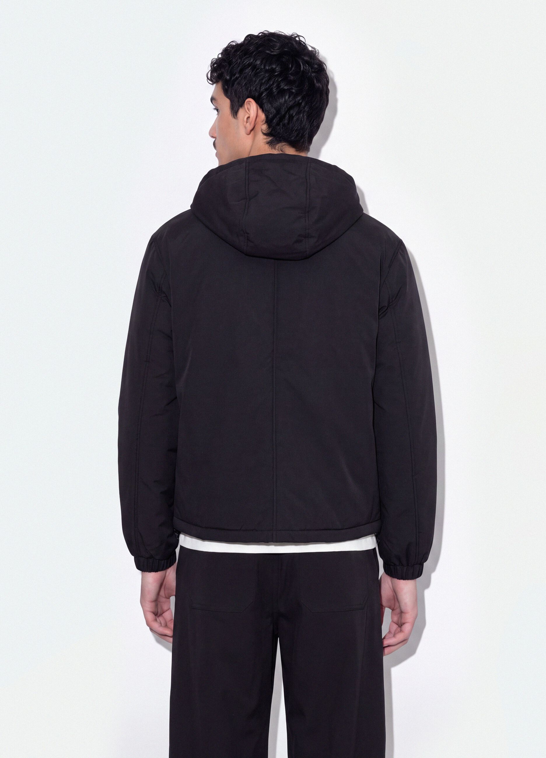 Black padded hooded jacket with zip, oversized fit