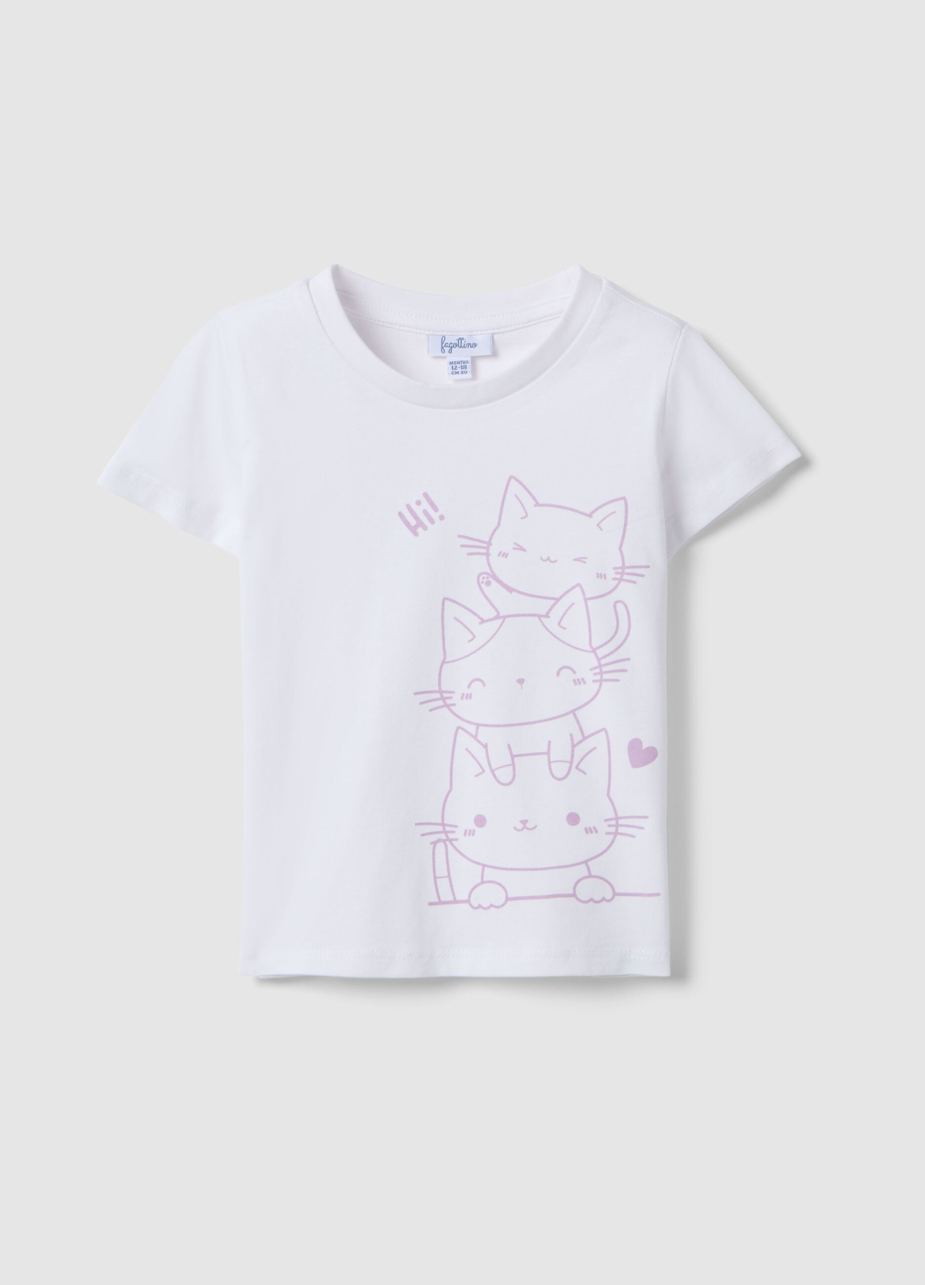T-shirt branca de algod&atilde;o puro para menina, corte regular com gatos