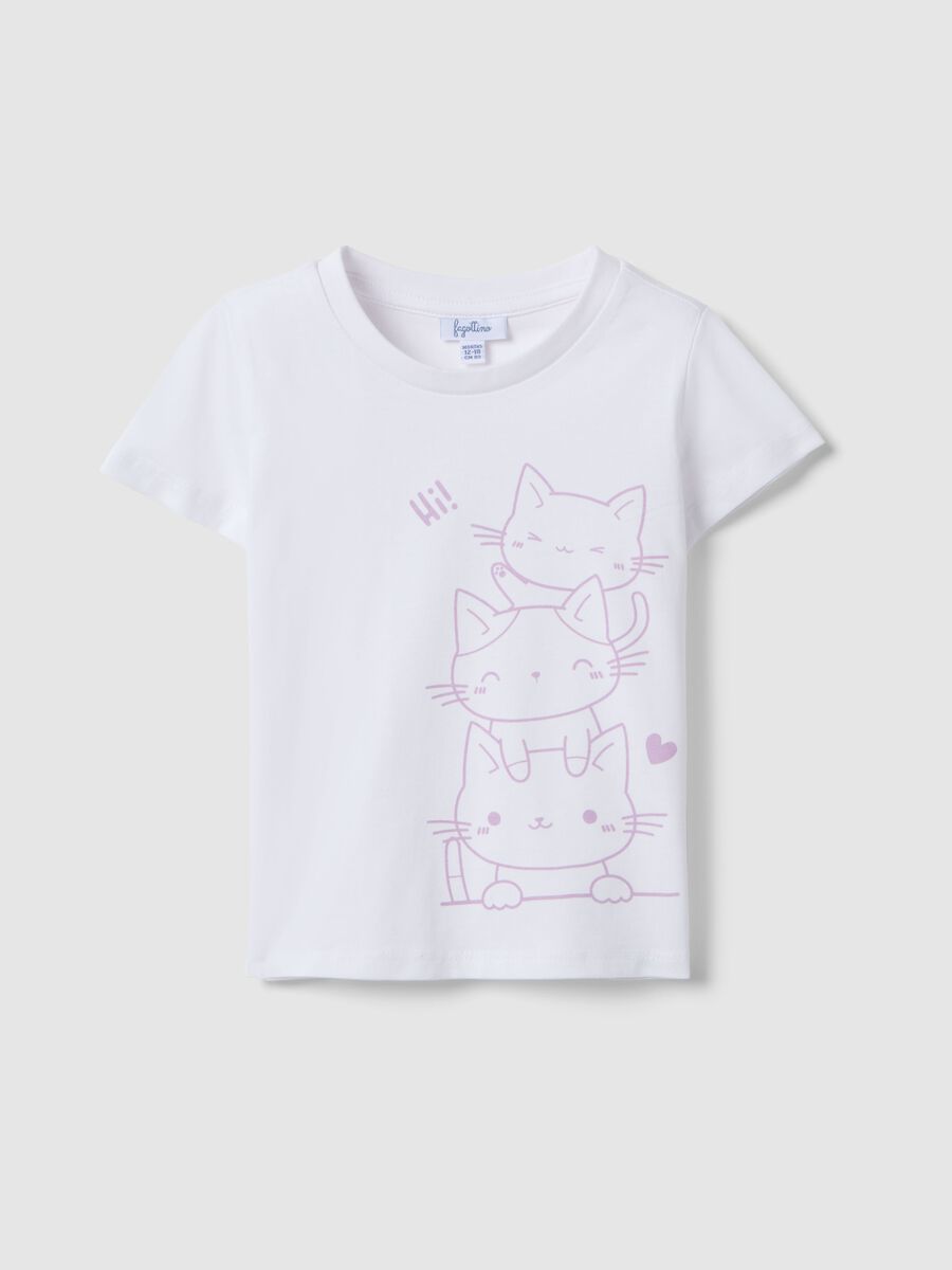 Wei&szlig;e Baumwoll-T-Shirt f&uuml;r M&auml;dchen mit Katzenmotiv, regul&auml;re Passform_0