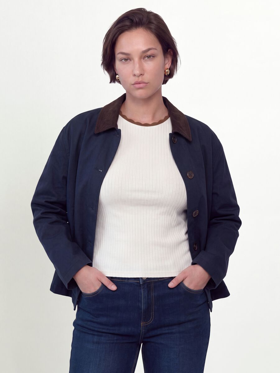 Blue pure cotton jacket with contrasting collar, regular fit_1