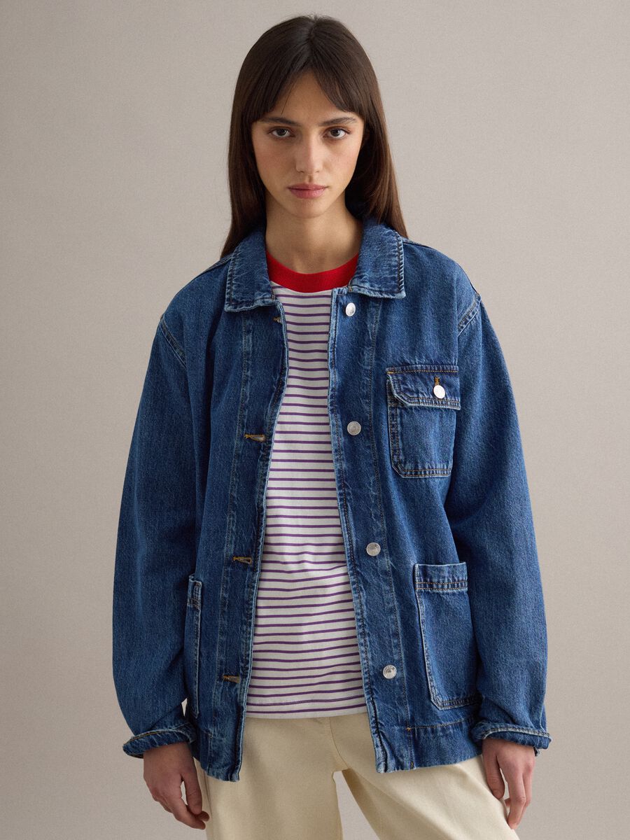 Blue denim jacket, pure cotton, regular fit with belt_1