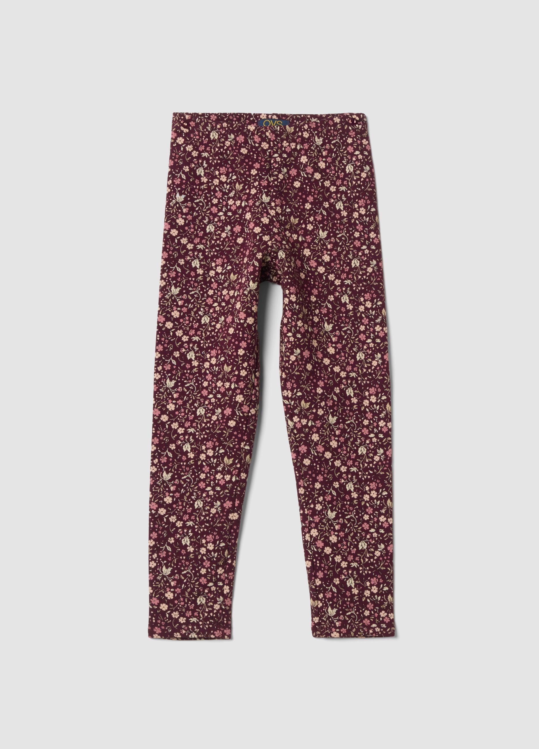 Leggings viola skinny in cotone organico elasticizzato con fantasia floreale