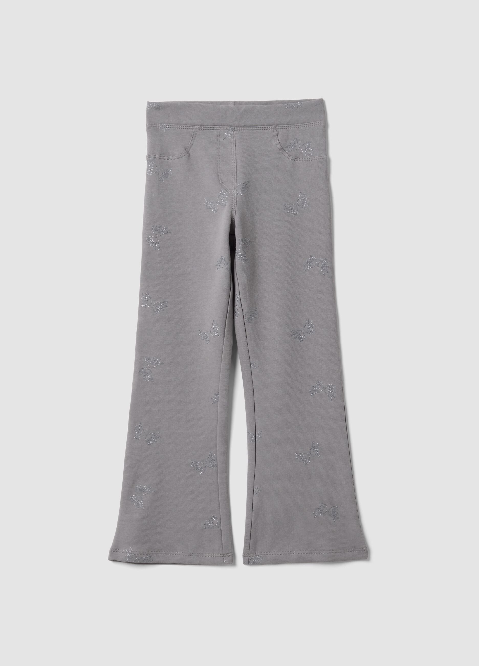Grey flared treggings in stretch organic cotton with glitter wings
