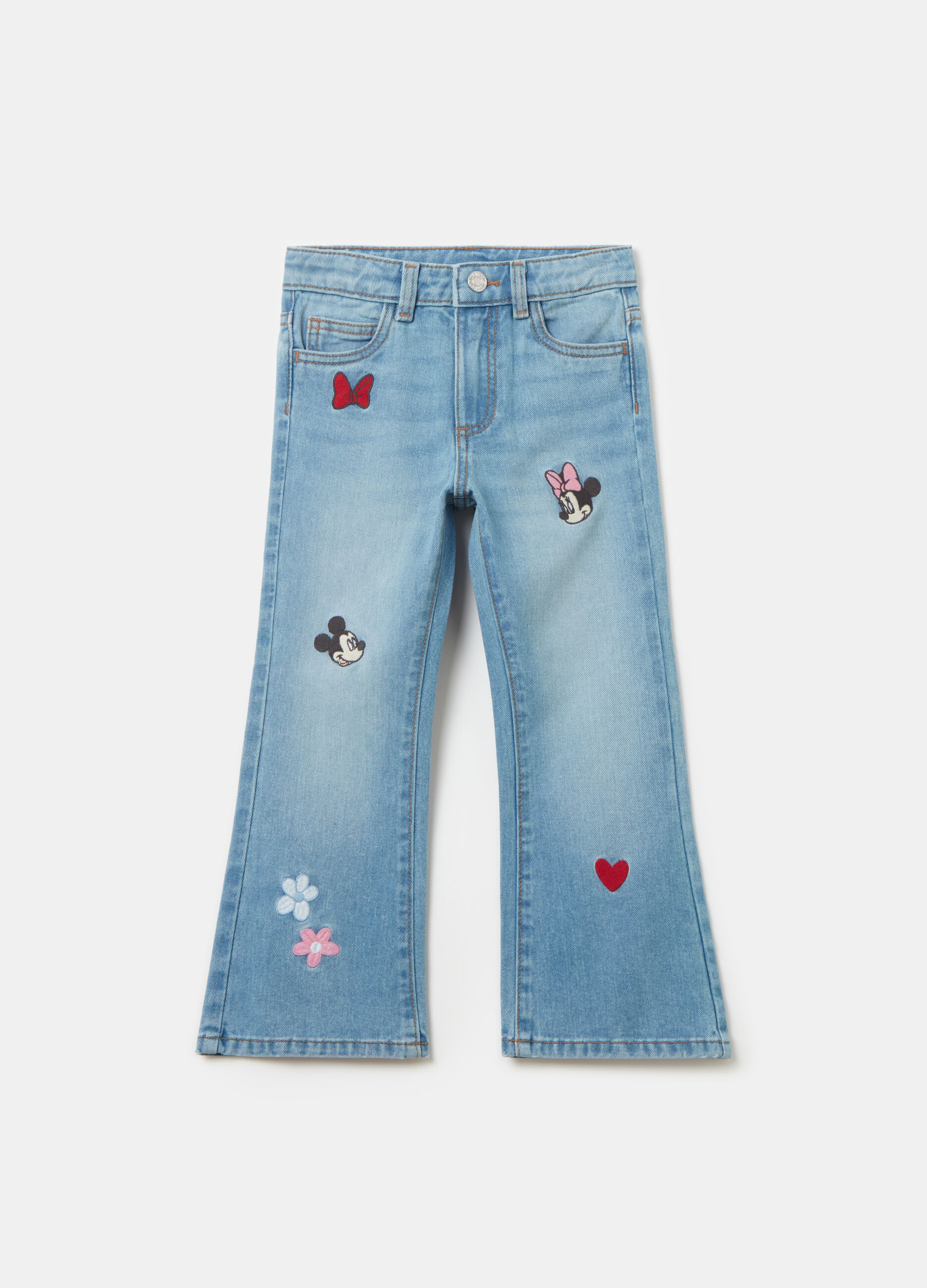 Flare-fit jeans with Minnie and Mickey Mouse embroidery