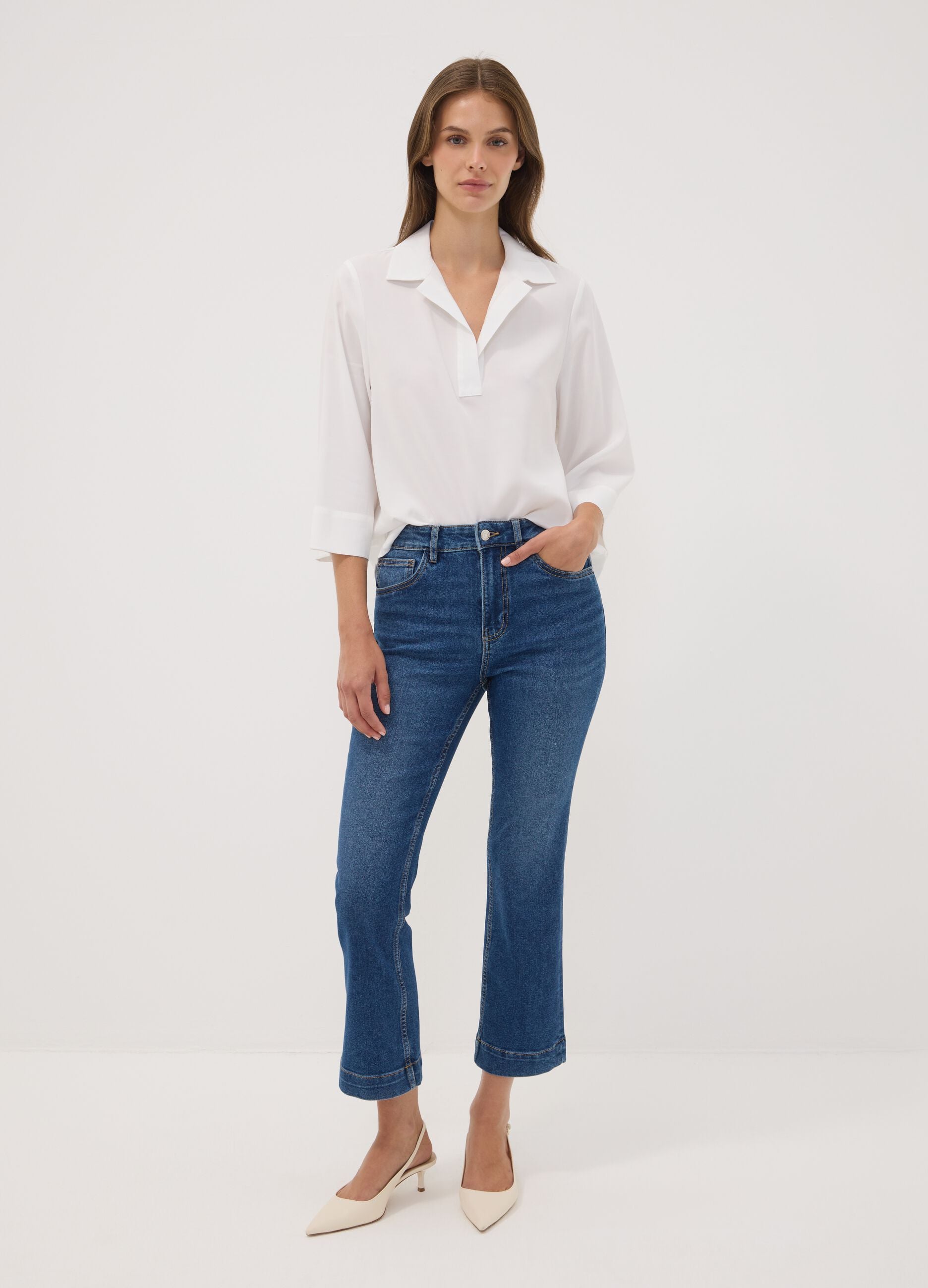 Blue cropped slim-fit denim jeans in stretch cotton and viscose