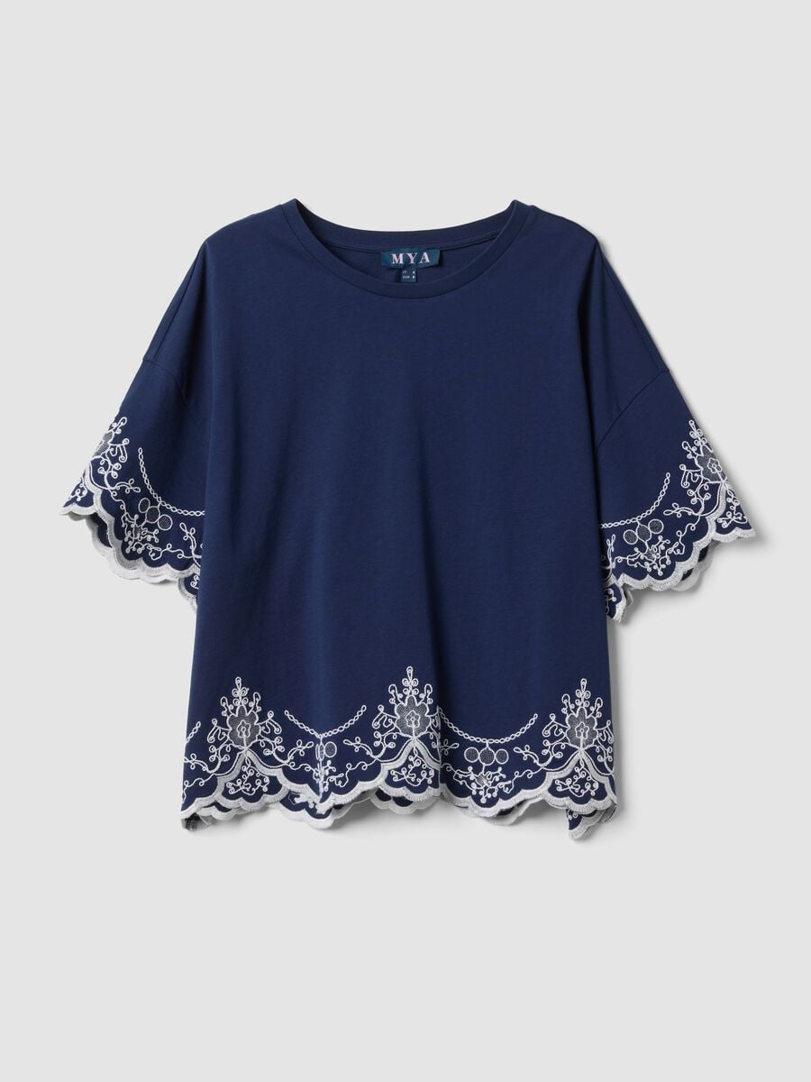 Blaues T-Shirt aus reiner Baumwolle mit Stickerei, Regular Fit_0