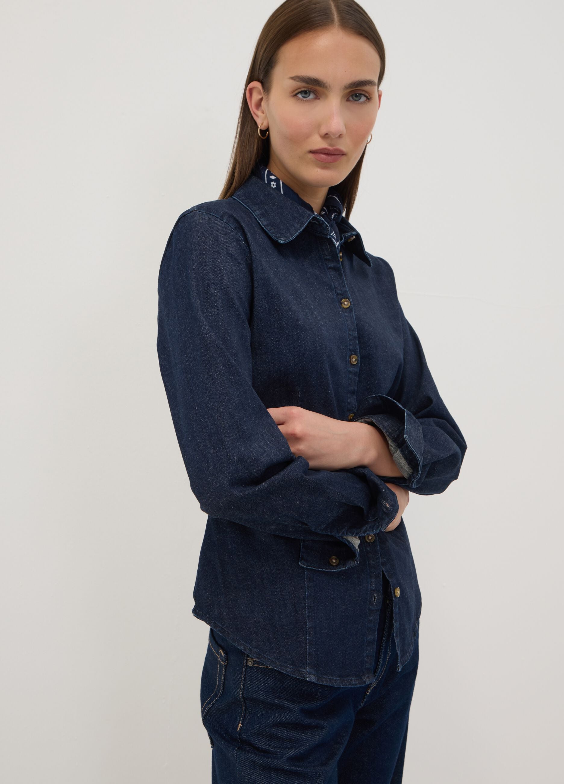 Dark blue slim-fit stretch cotton denim shirt