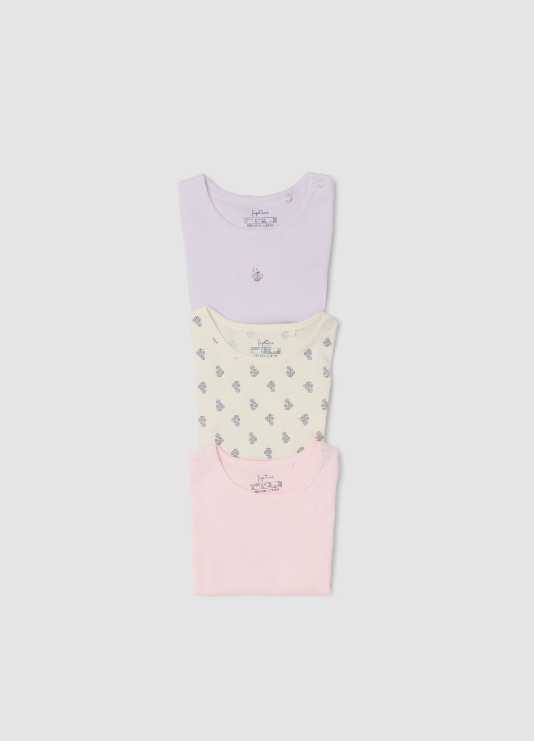 Multicoloured 3-pack of pure organic cotton bodysuits for baby girls