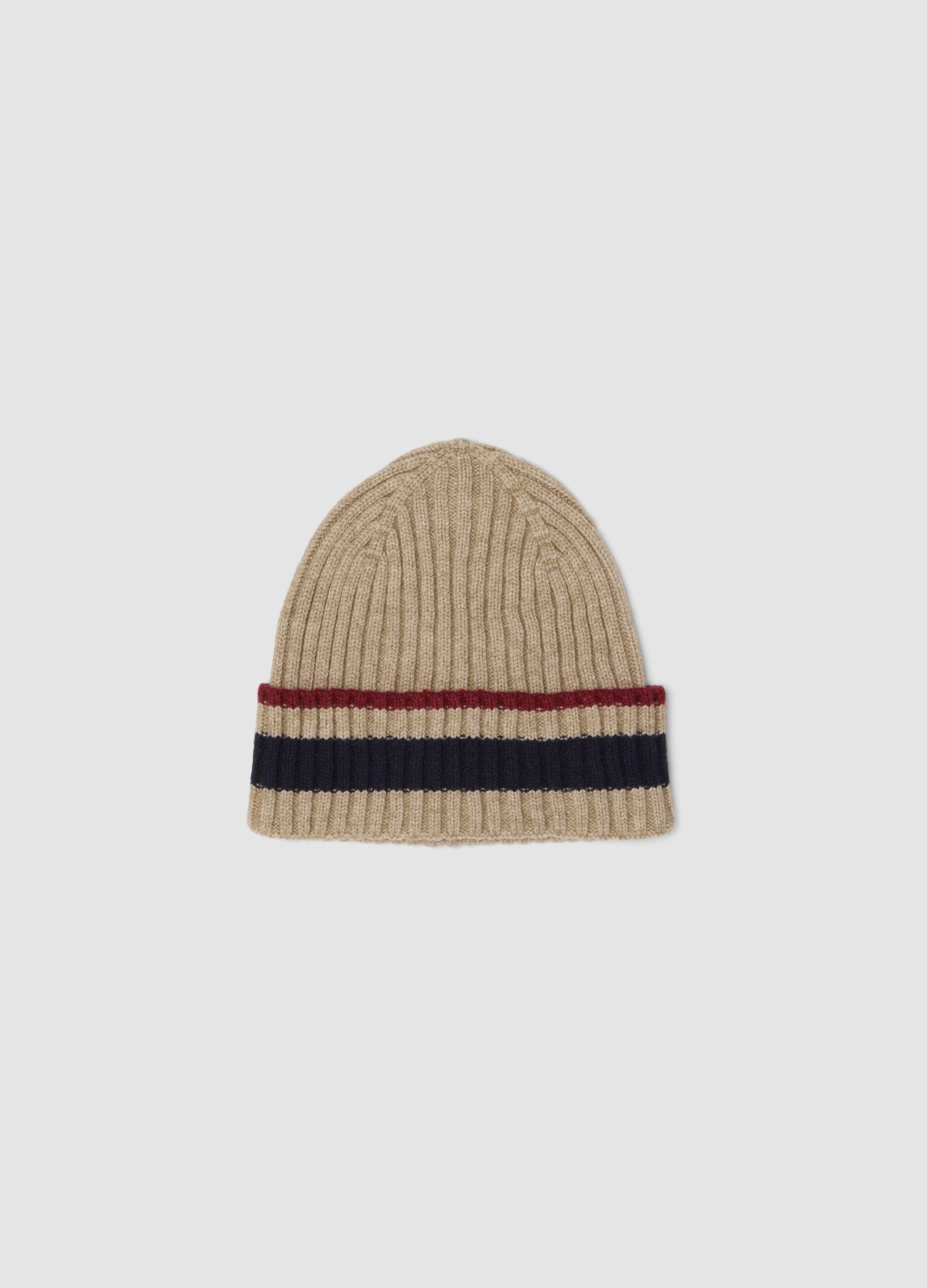 Beige ribbed viscose and wool blend beanie