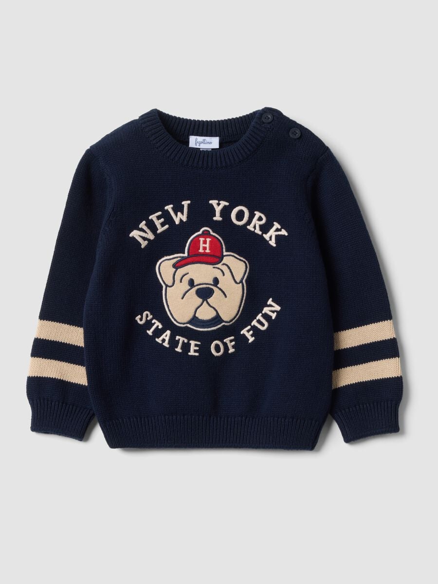 Blue pure cotton crew-neck jumper with puppy print for baby boy_0