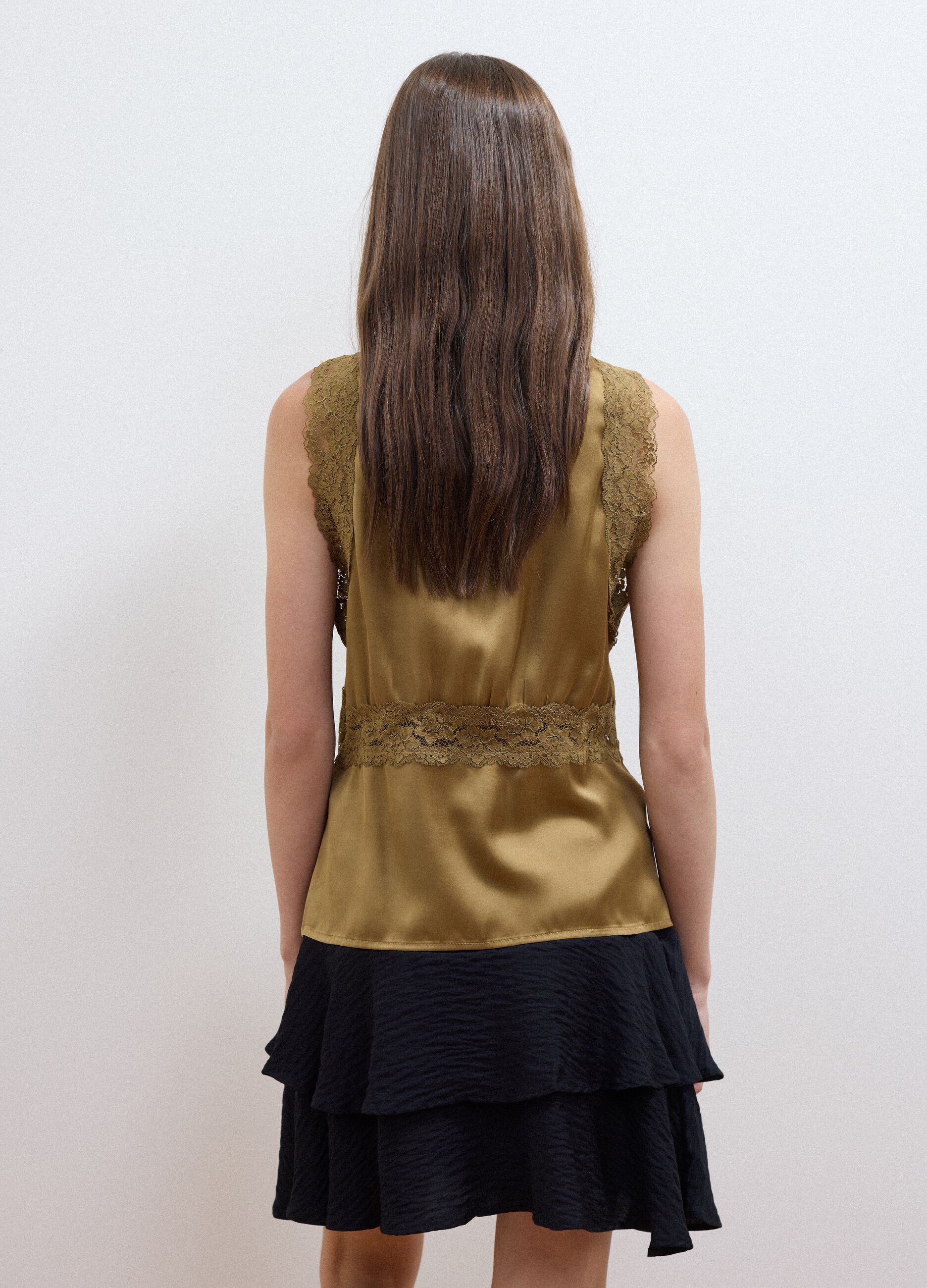 Brown viscose-blend lace top