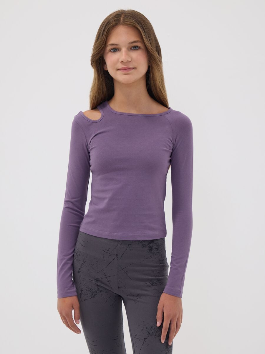 Purple stretch organic cotton cut-out T-shirt for girls_1