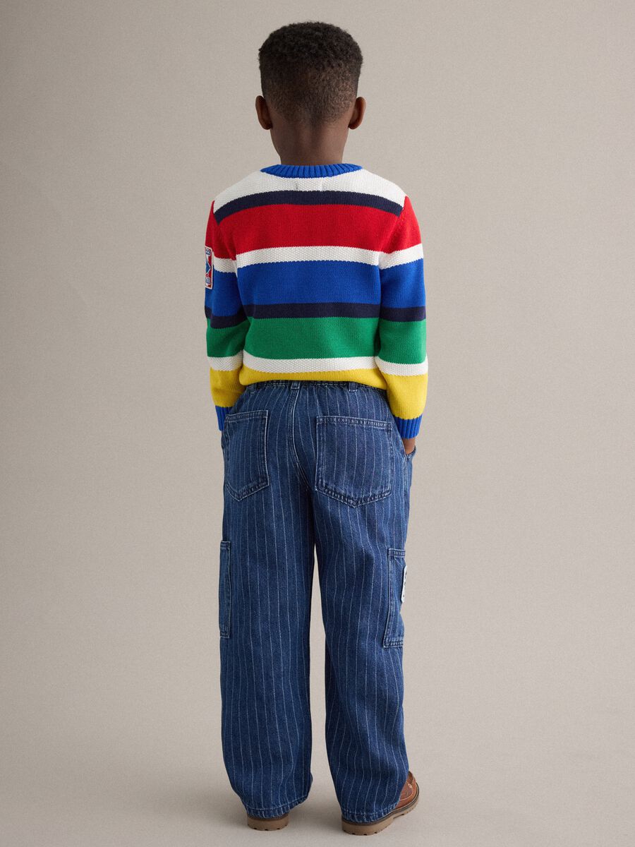 Children's relaxed fit striped blue cotton blend cargo trousers_1