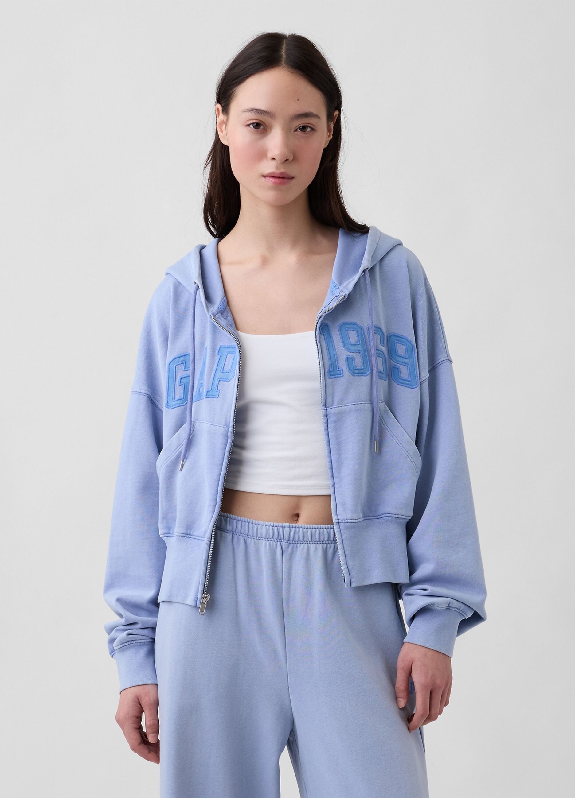 Sweatshirt com capuz e fecho completo em mistura de algod&atilde;o