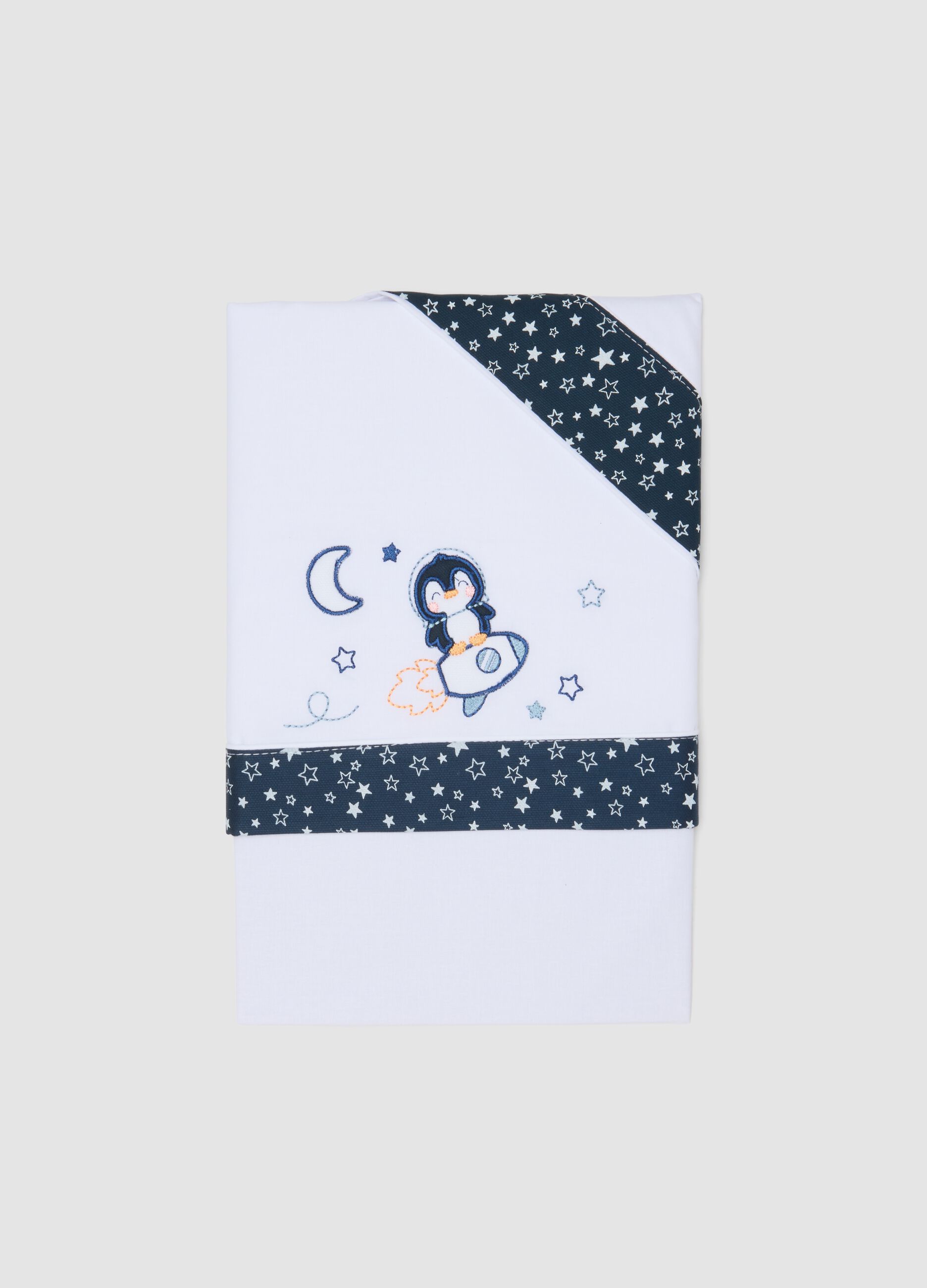 Wei&szlig;-blaues Baby-Laken aus reiner Baumwolle mit Pinguin-Print