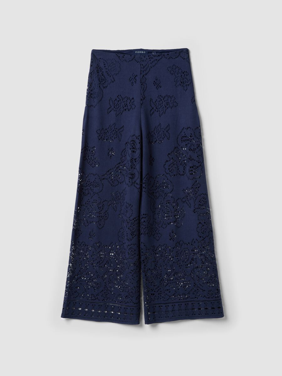 Wide leg blue cotton blend trousers with perforated texture_4
