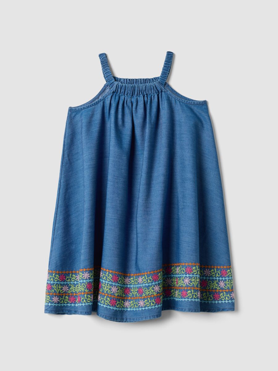 Vestido azul de lyocell puro con tirantes y bordado en el bajo_1