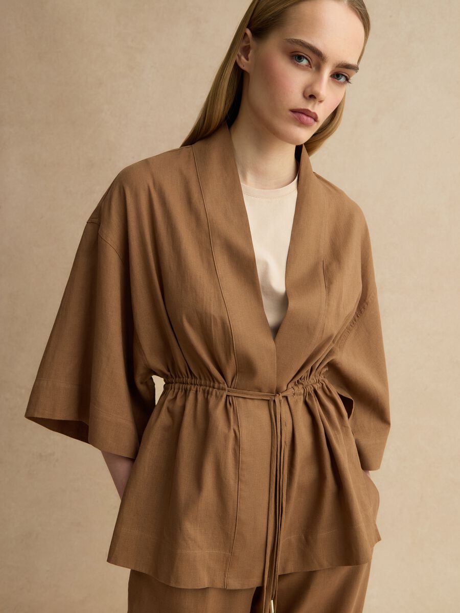 Brauner Regular Fit Blazer aus Leinenmischung mit B&auml;ndern_3