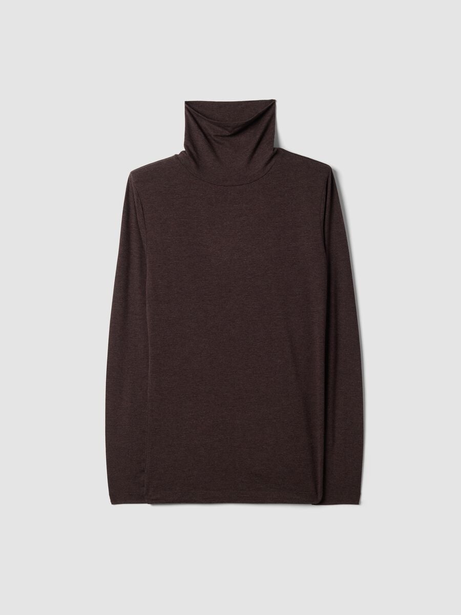 Braunes Shirt aus elastischer Viskose mit Stehkragen, Regular Fit_4