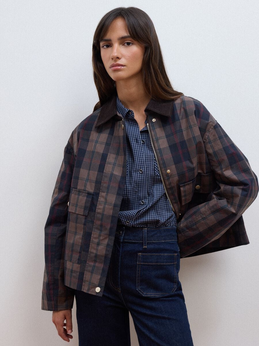 Brown checked padded pure cotton jacket_0