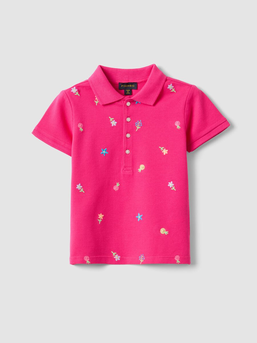 Girls' regular fit pure cotton pink polo with embroidered flowers_3