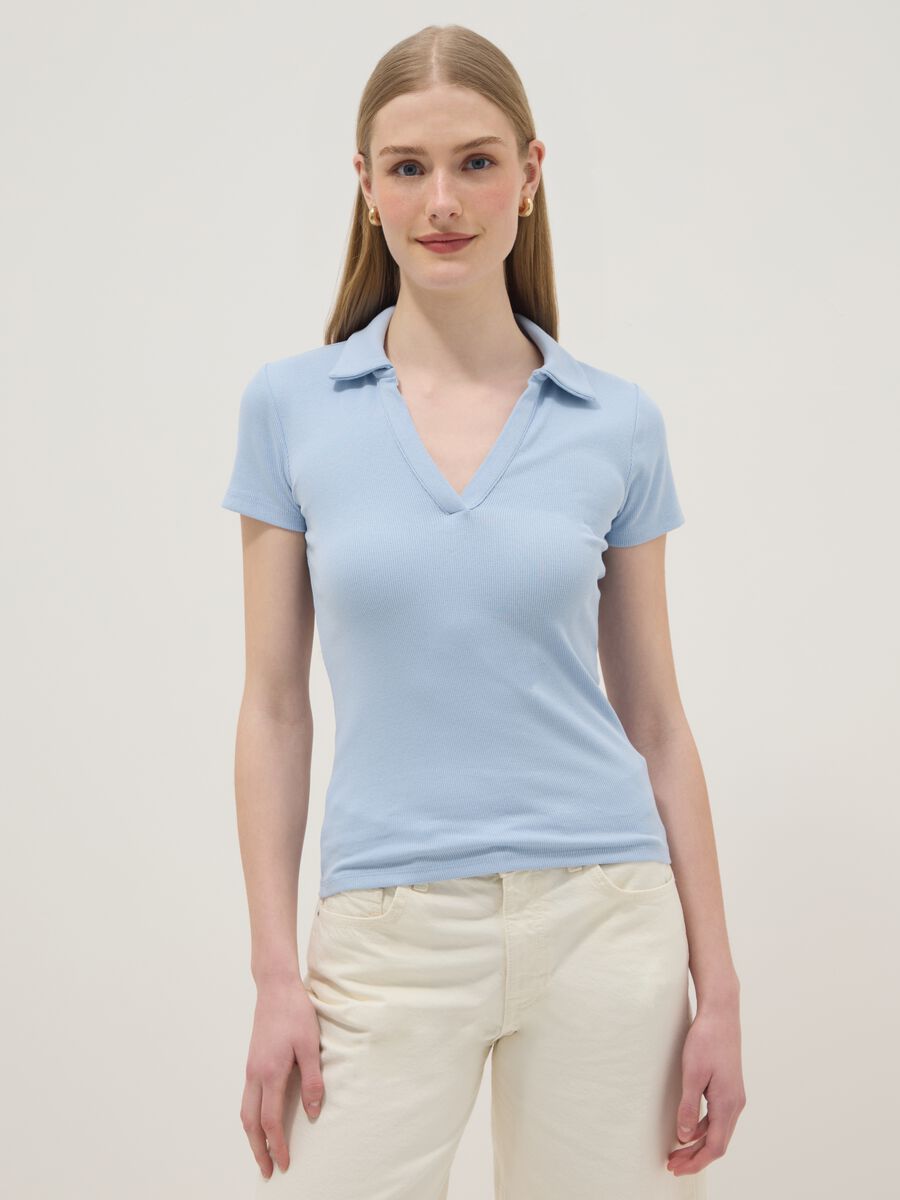 Sky Blue Stretch Cotton Polo Regular Fit Deep V-Neck_1