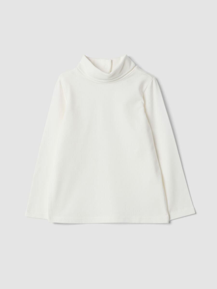 T-shirt bianca in cotone organico elasticizzato con colletto rialzato_0