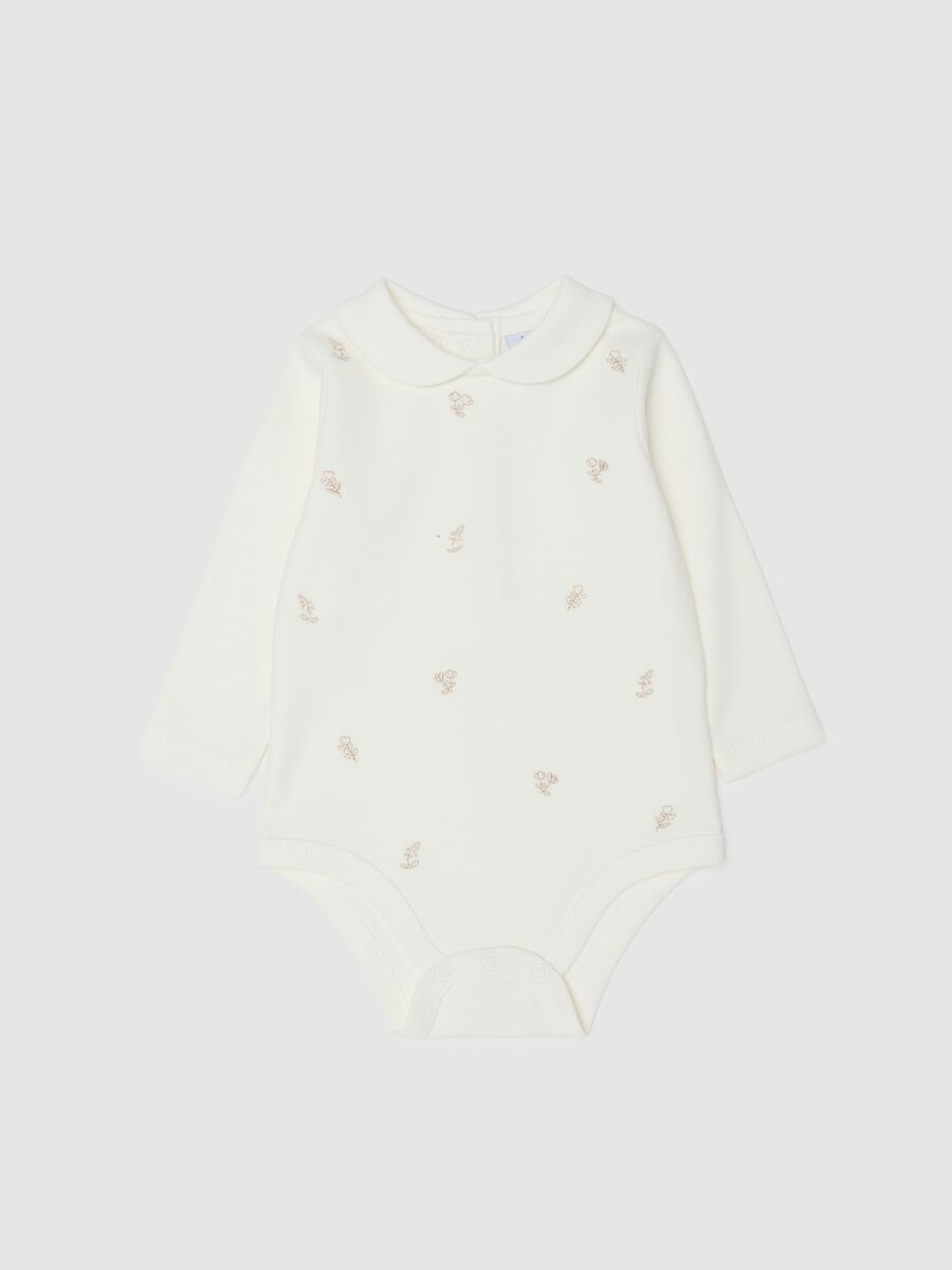 White baby girl's bodysuit in pure cotton with collar and embroidery_0