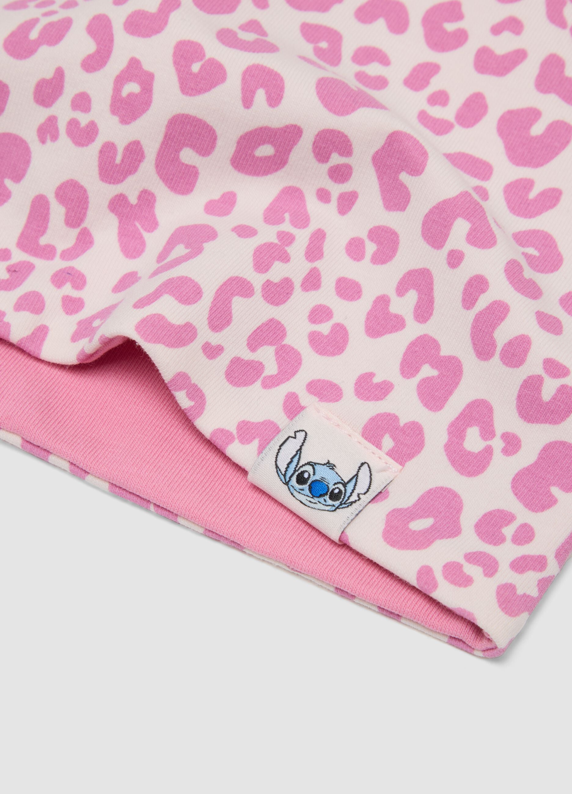 Cachecol rosa em algod&atilde;o el&aacute;stico com padr&atilde;o Lilo & Stitch para menina