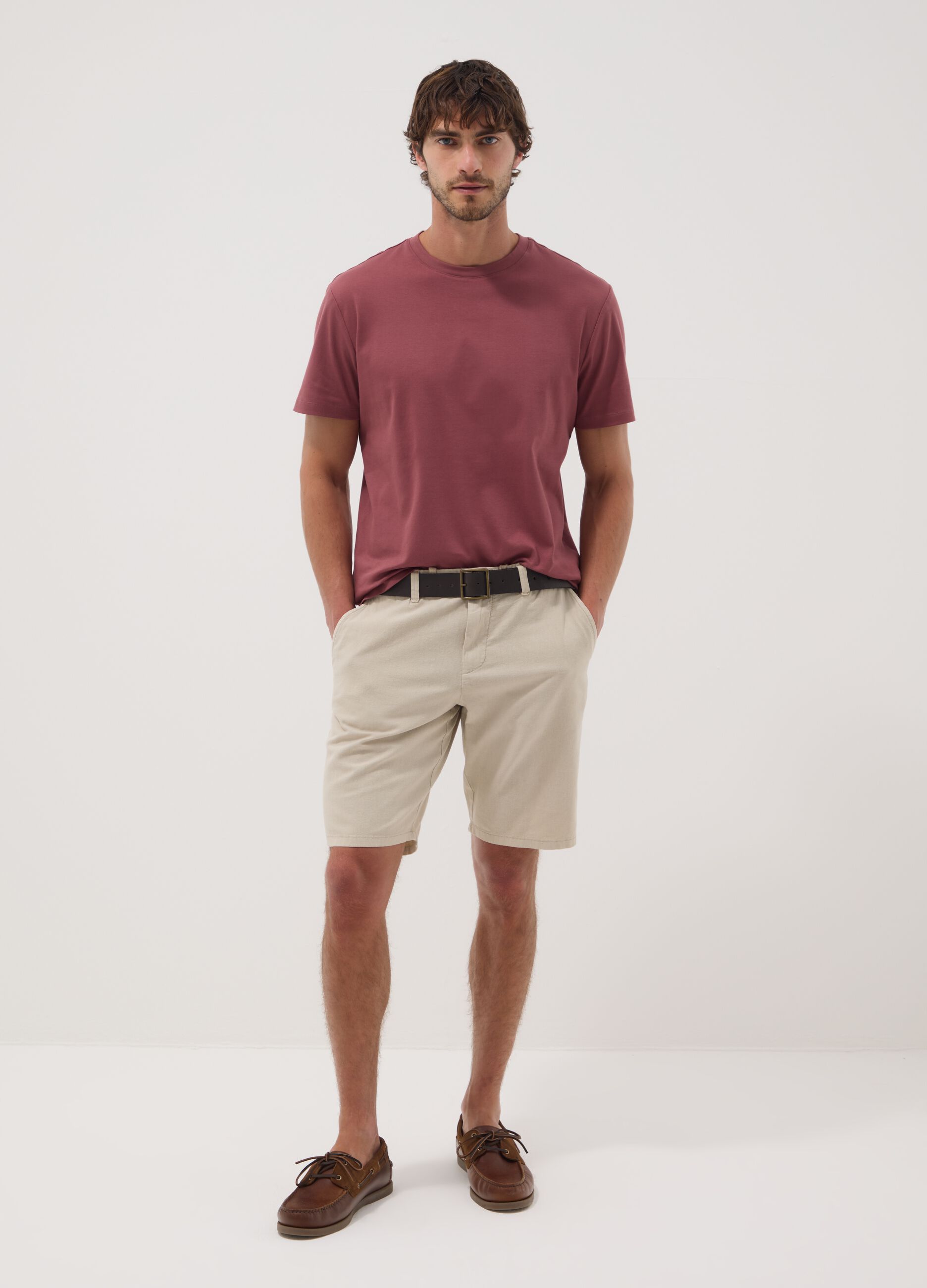 Beige linen and cotton blend chino shorts