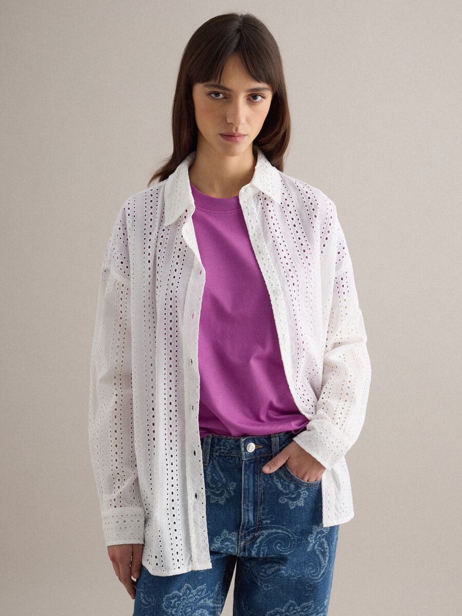 White pure cotton embroidered shirt regular fit with perforated design_1