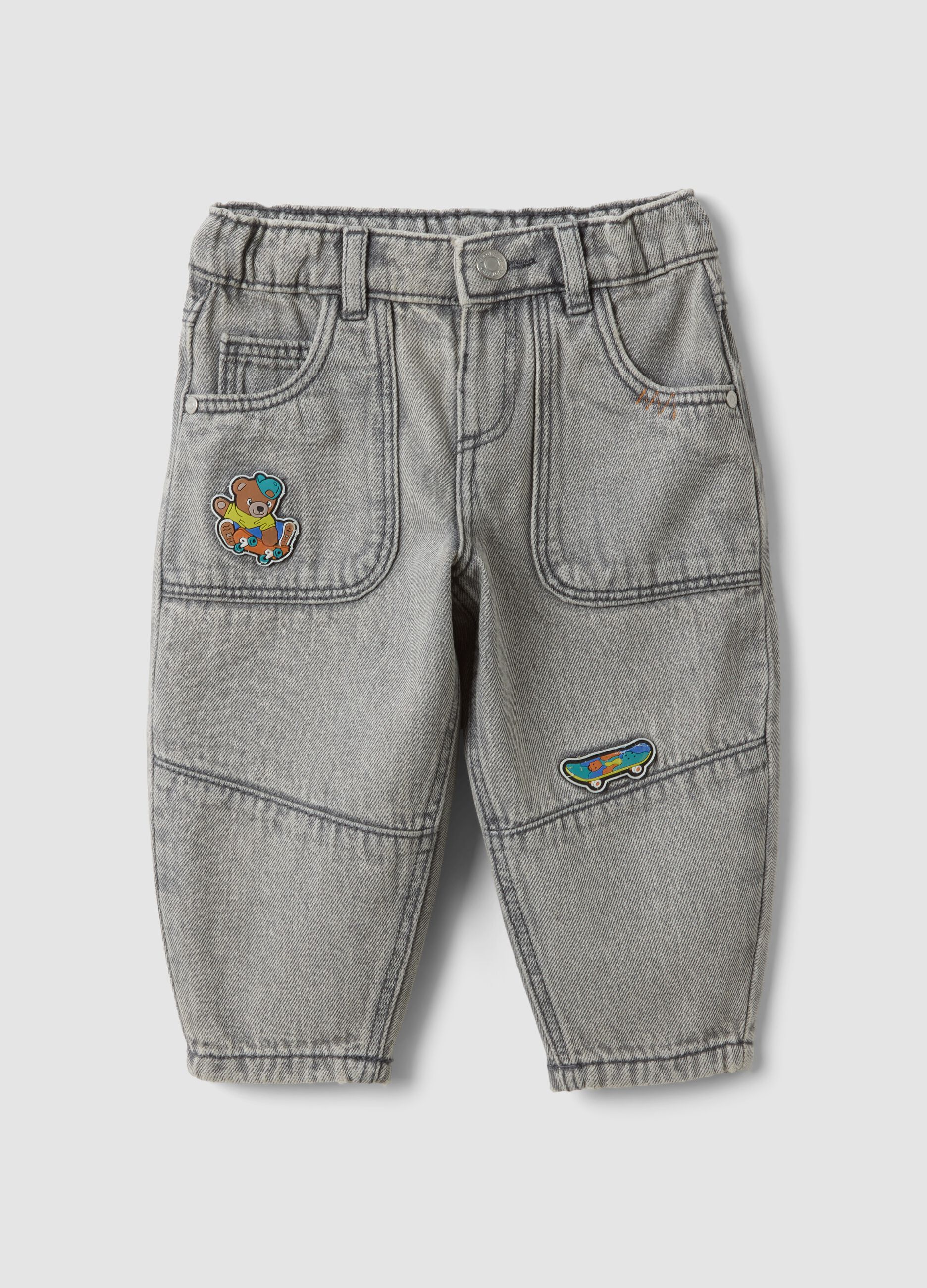 Grey baggy-fit pure cotton jeans with prints for baby boy