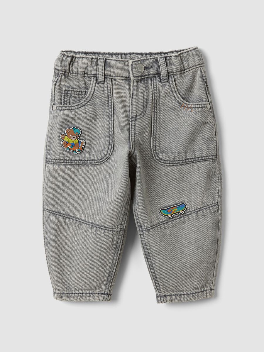 Grey baggy-fit pure cotton jeans with prints for baby boy_0