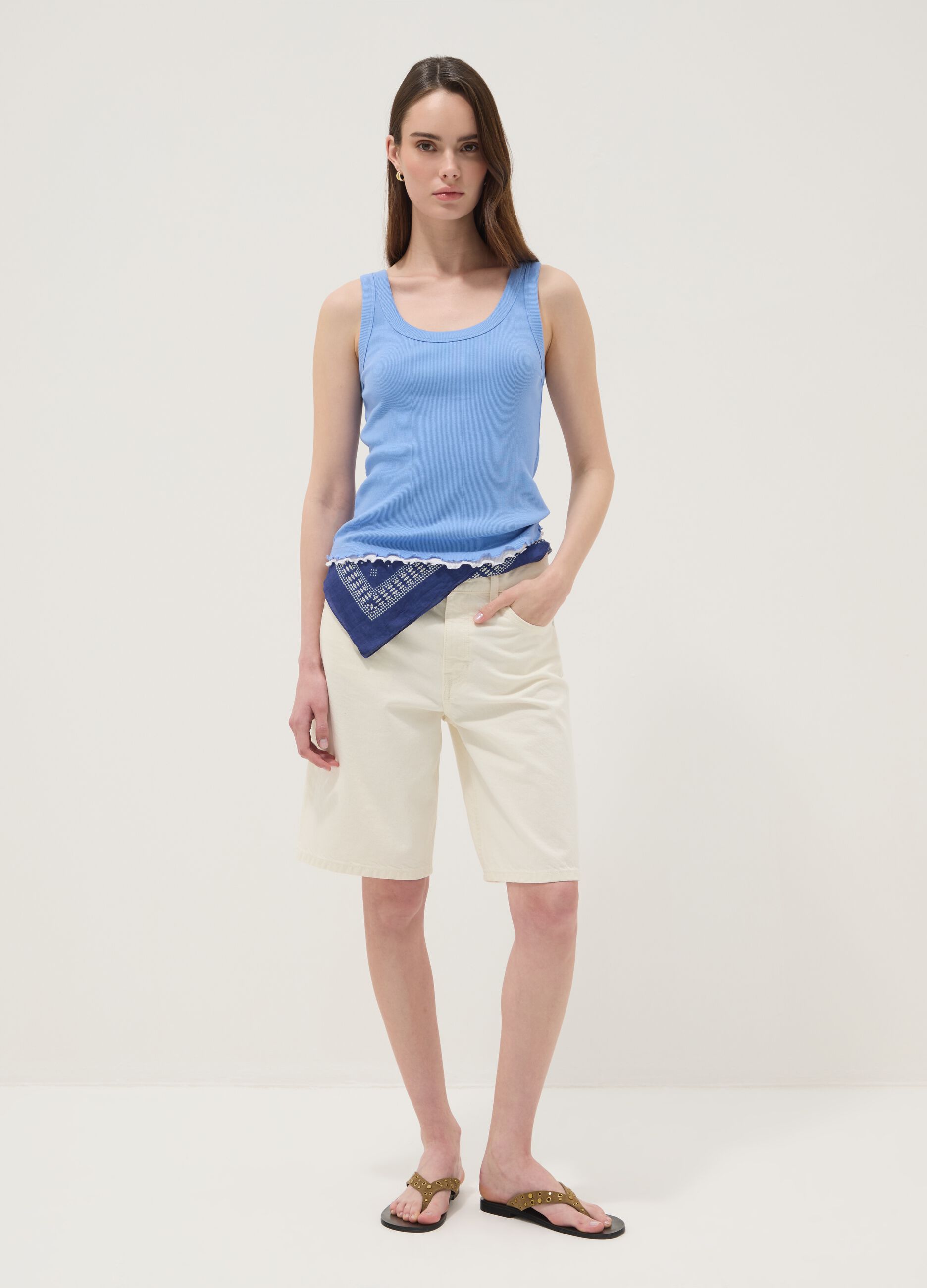 Light blue pure cotton ribbed regular-fit tank top