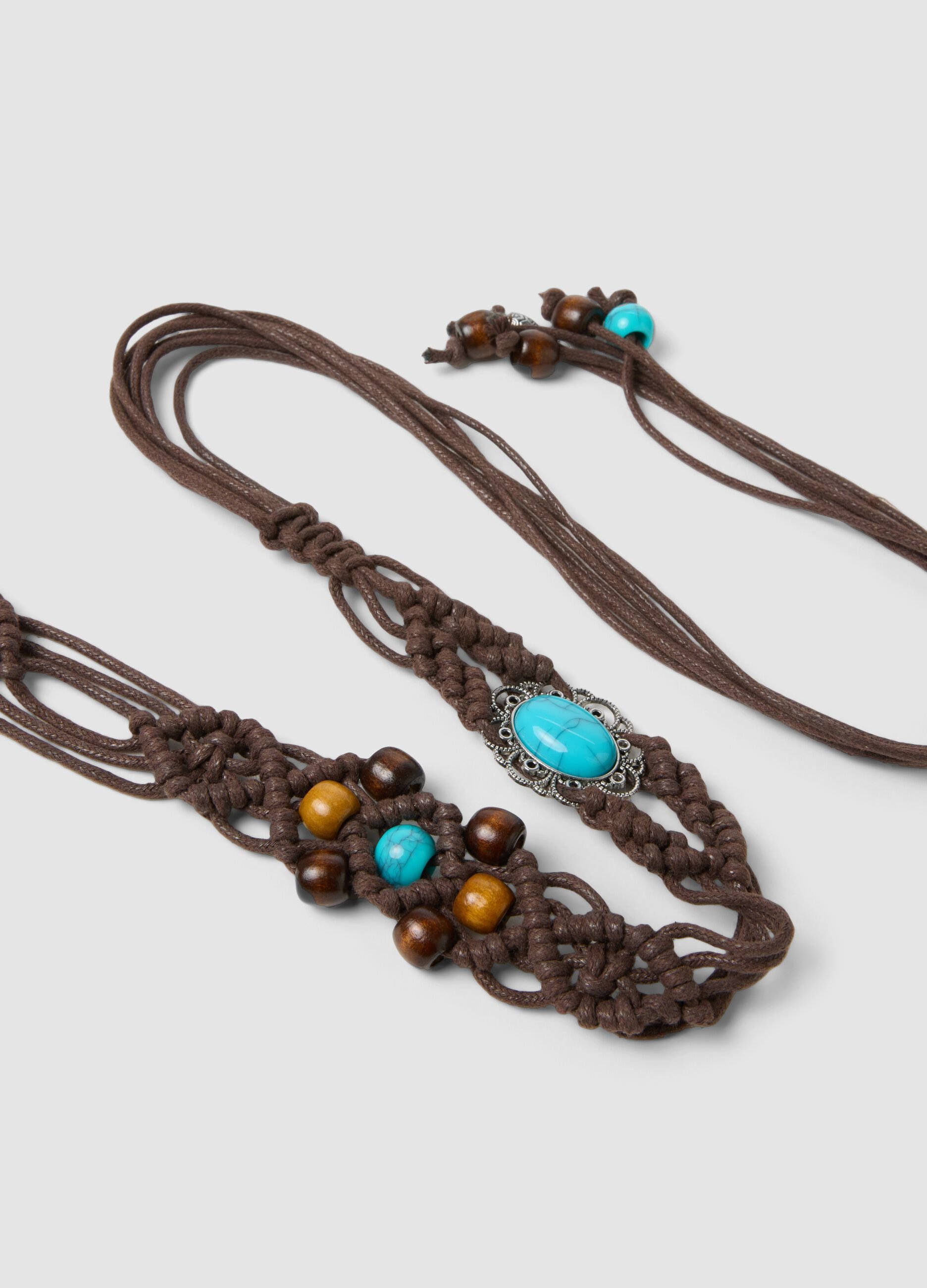 Brown braided belt with beads and decorative stones