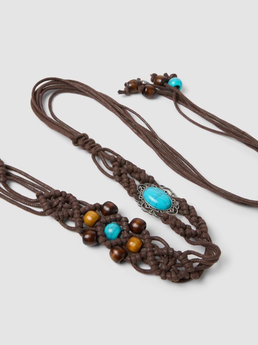 Brown braided belt with beads and decorative stones_1
