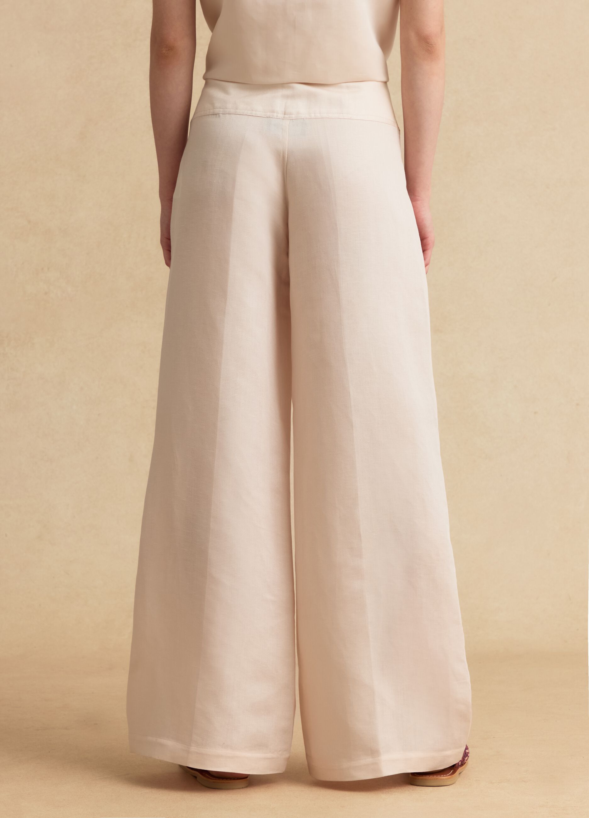 Pink linen-viscose blend wide-leg trousers with side zip fastening