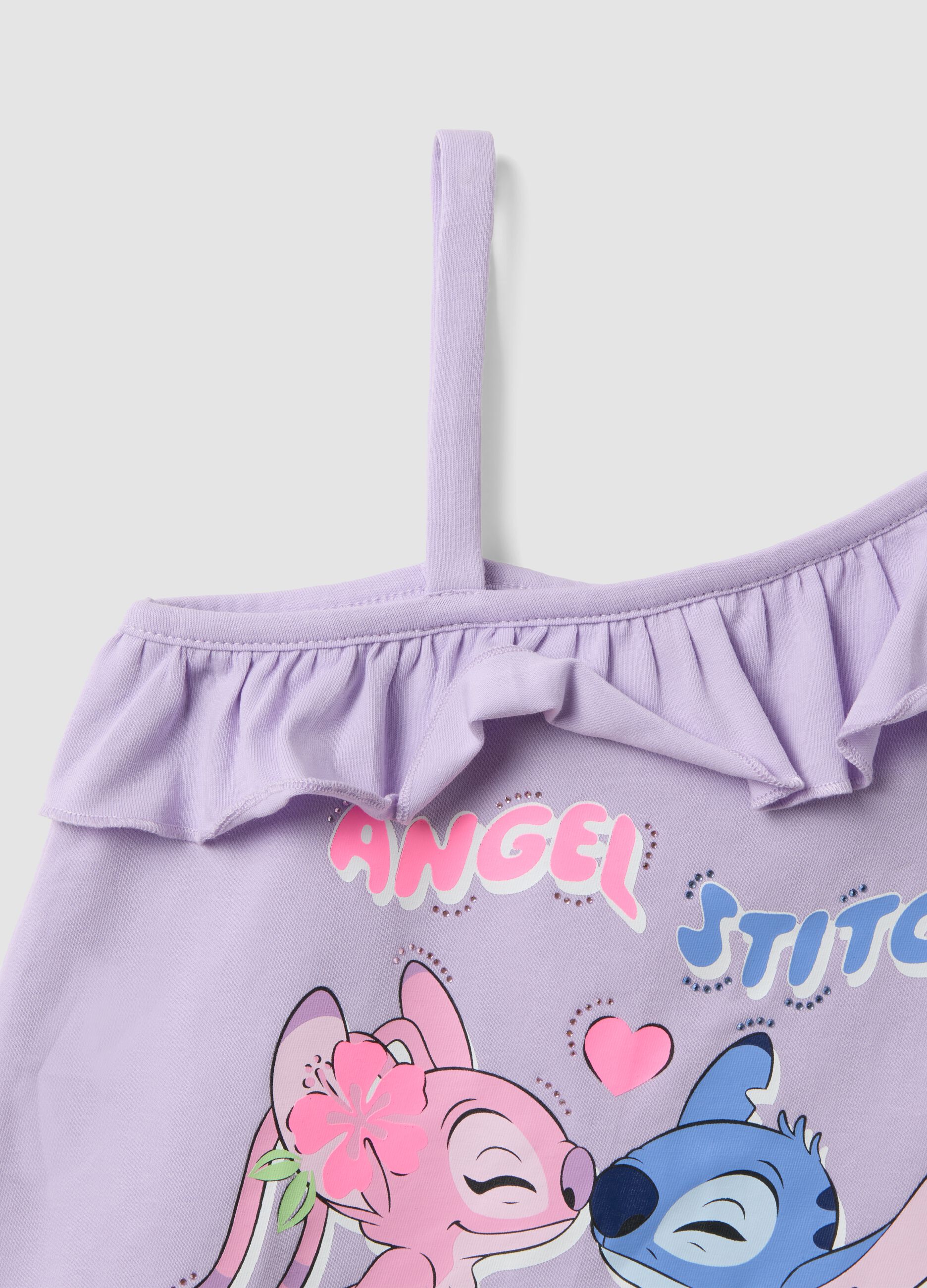Purple stretch cotton girls&rsquo; tank top with frills and Stitch print